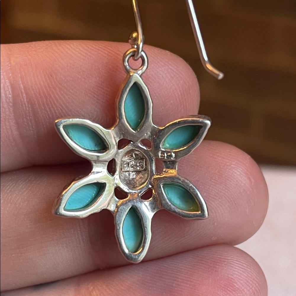 Sterling Silver .925 Vintage Turquoise Organic Flower Hook Dangle Drop Earrings - Picture 8 of 8